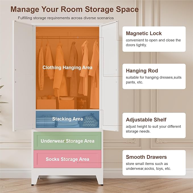 LCAOPC 71" Tall Metal Wardrobe Cabinet with 2 Drawers and Hanging Rod, 2 Doors Armoire Wardrobe Closet with Shelf for Bedroom, Office, Laundry Room, White