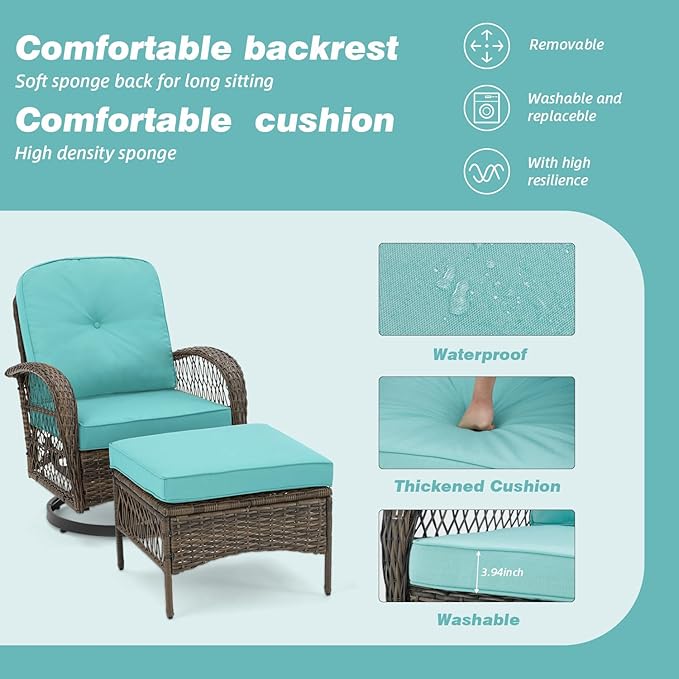 EROMMY 5 Pieces Outdoor Swivel Rocker Patio Chairs, 360 Degree Rocking Patio Conversation Set with Thickened Cushions, Glass Coffee Table and Ottomans for Backyard, Blue