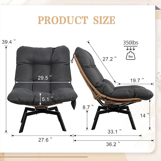 Vongrasig Swivel Wicker Chair PE Rattan Chair with Cushion, Oversized Patio Lounge Chair for Outdoor, Indoor, Balcony, Backyard, Garden, Living Room, Black - Image 2