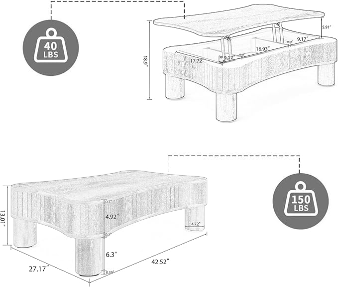 42.52'' Cloud Coffee Table with Lifting Top for Living Room Irregular Coffee Table Lift Up Tabletop Smart Coffee Tables with Storage Unique Low Center Tables Walnut