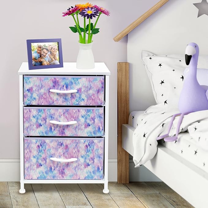 Sorbus Nightstand Storage Organizer with 3 Drawers - Kids Girls, Boys Bedroom Furniture Storage Chest for Clothes, Closet Organization - Steel Frame, Wood Top, Tie-dye Fabric Bin (Blue/Pink/Purple) - Image 2