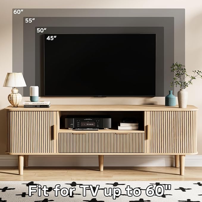 62.4 Inch Fluted TV Stand, Modern Media Console Table with Sliding Tambour Door Farmhouse Sideboard Buffet Cabinet Fits TVs up to 75 inch, Wood Entertainment Center for Living Room(Oak) - Image 8