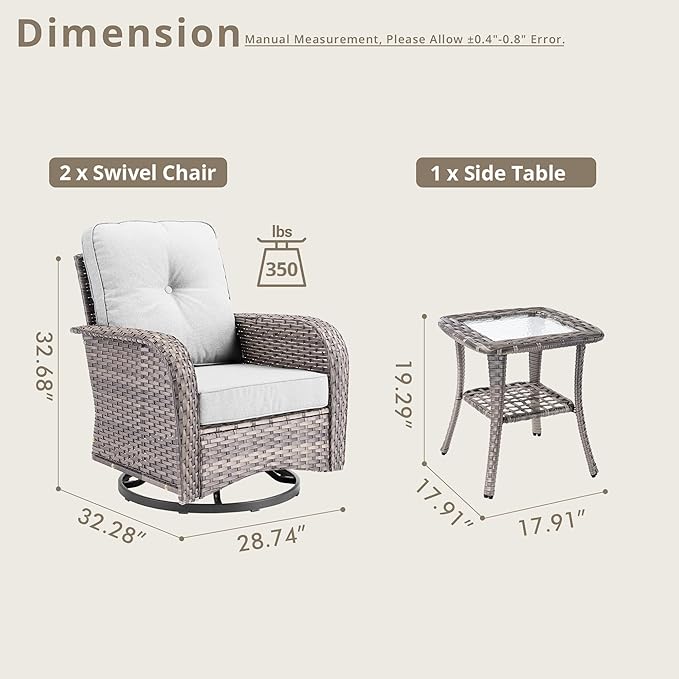 Weaxty Outdoor Swivel Rocker Patio Chairs, 3 Pieces Patio Furniture Set with Rocking Chair and Wicker Side Table, Outdoor Furniture Conversation Set for Porch, Deck, Yard, Balcony, Light Gray
