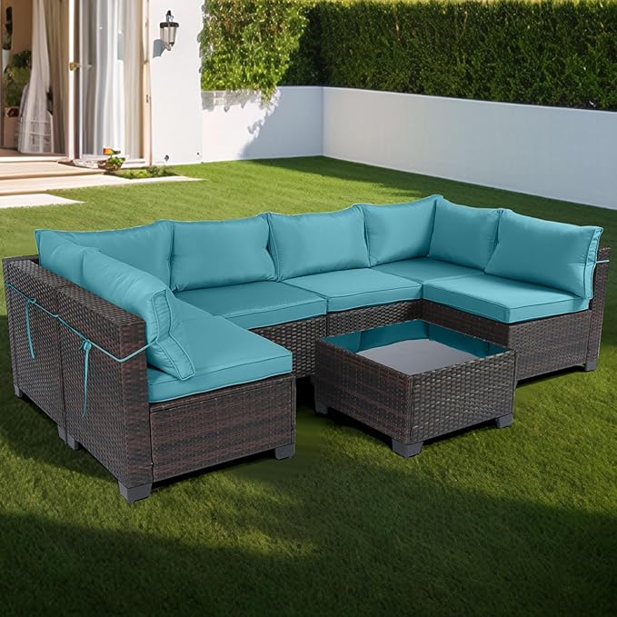 CHABATREE 7 Pieces Outdoor Patio Furniture Sets,Rattan Conversation Sectional Set,Manual Weaving Wicker Patio Sofa with Tea Table
