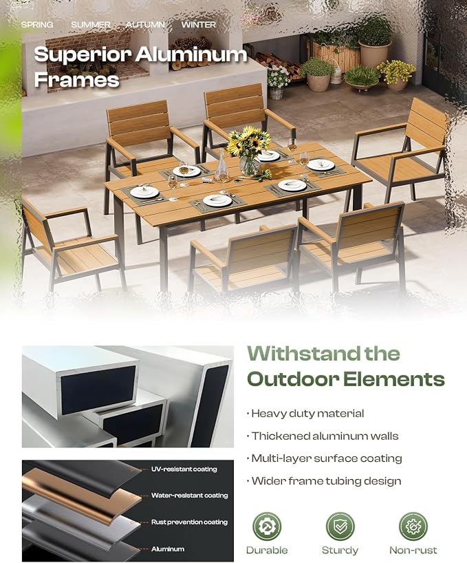 Outdoor Dining Set, Patio Table and Chairs Set with Umbrella Hole, 7 Pieces HDPS + Aluminum Patio Dining Furniture Set for Backyard, Garden (Gray & Teak) - Image 4