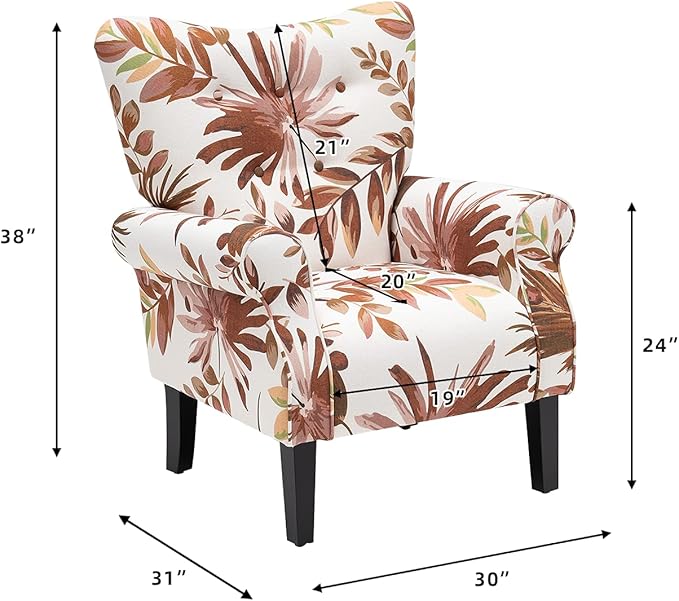 YOLENY Mid Century Wingback Arm Chair,Modern Upholstered Fabric High Back Accent Chair with Wood Legs,Upholstered Single Sofa Club Chair for Living Room, Bedroom, Home Office,Red Leaves