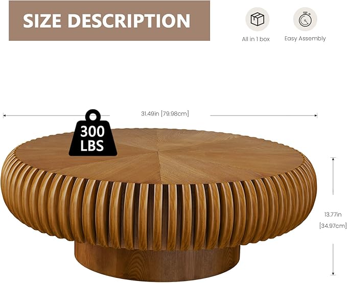 Round Drum Coffee Table Modern Unique Circle Drum Coffee Tables Mid Century Coffee Table with Sturdy Pedestal Fluted Tea Table for Living Room Office Small Space(Brown 31.5in)