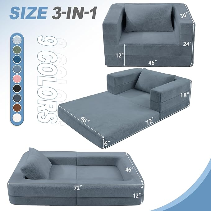 Futon Sofa Bed with Pillow, 3-in-1 Sleeper Sofa Bed with Removable Cover, Convertible Floor Sofa Bed, No Assembly Boneless Couch for Living Room, Bedroom