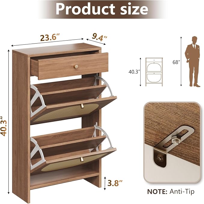 Nicetree Shoe Cabinet for Entryway, Slim Shoe Rack with 2 Flip Drawers and Top Storage Drawer, Narrow Shoe Organizer with Printed Rattan-Look Design, Entryway Shoe Storage for Size 12 Shoes, Caramel - Image 2