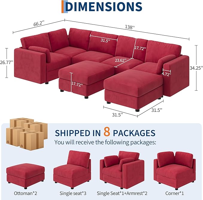 IDEALHOUSE 138" Modular Sectional Sofa, 7 Seater Sectional Couch, U-Shape Modern Sofa with Ottoman, Deep Seat, Oversized Convertible Modular Couch for Living Room Apartment Office, Chenille, Red