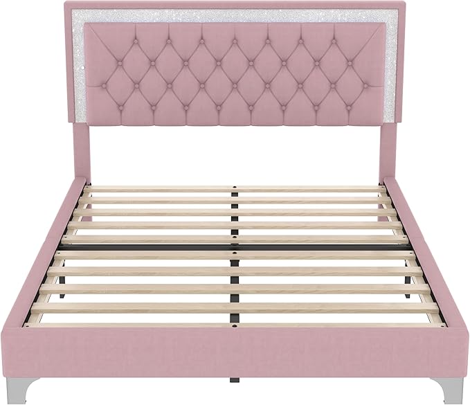 Harper & Bright Designs 3-Piece Queen Bedroom Set, Upholstered Platform Bed with LED Lights and 2 Nightstands, Modern Pink Bedroom Furniture