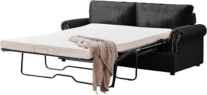 Reversible Sleeper Sofa Bed with Comfortable Memory Foam Mattress, Convertible Corduroy Full Size Pull Out Couch for Living Room, Space Saving Furniture, 76" Wide, Rounded Arms, Black