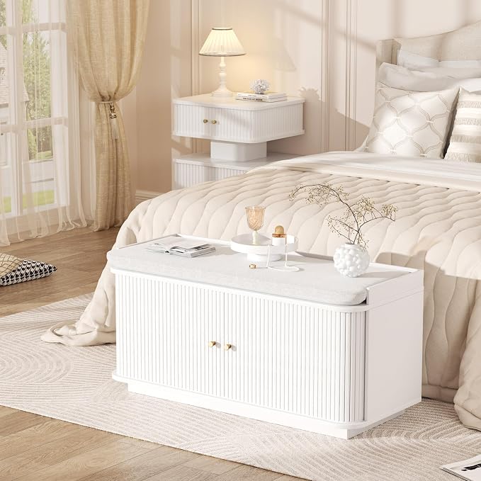 Hall Tree with Bench and Shoe Storage, Entryway Bench with Sliding Door Cabinet, Removable Padded, Metal Wall Hooks and Adjustable Storage Compartments, for Entry, Hallway, Living Room, White - Image 9
