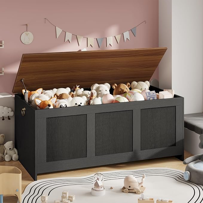 HOOBRO Storage Bench, 43.3" Retro Wooden Storage Chest, Wooden Storage Trunk, Toy Chest with Lift Top, Multifunctional Entryway Organizer, for Entryway, Living Room, Black and Walnut BH411CW01 - Image 4