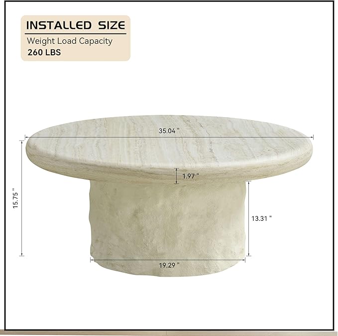 Round Coffee Table, 35.04" Fiberglass Imitation Stone Table Cement Rock Center Table for Living Room Apartment Office, No Need Assembly