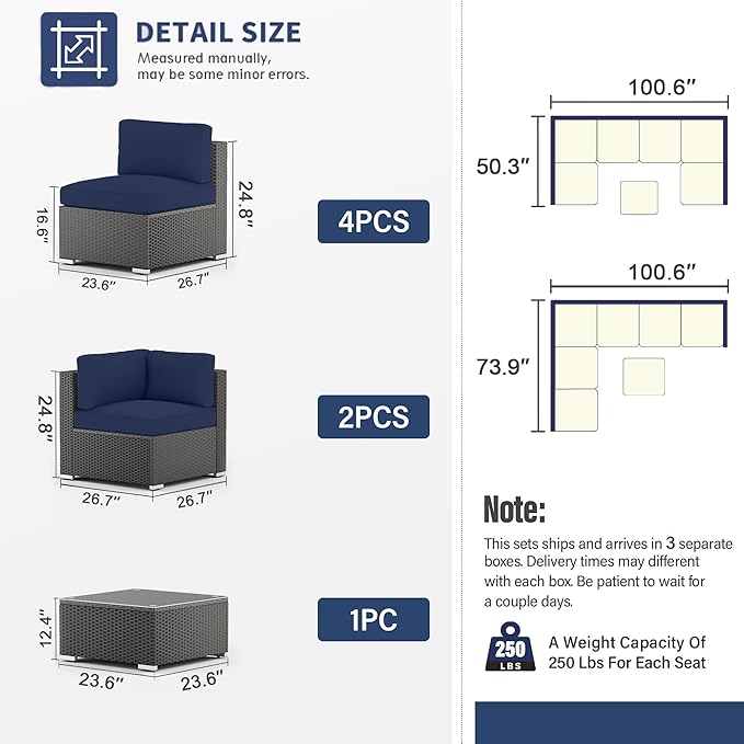 SUNCROWN 7-Piece Outdoor Patio Furniture Sofa Set All-Weather Black Wicker Sectional Cushioned Washable Seat Conversation Set with Modern Glass Coffee Table and Cushions, Backyard, Garden, Dark Blue
