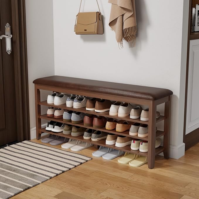 AQIMUELE Shoe Bench with Leather Cushion, 3 Tiers Shoe Storage Bench Height Adjustable, Walnut Wood Entryway Bench for Hallway, Mudroom by AQIMUELE