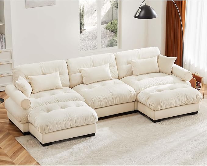 KEIKI 130" U-Shaped Oversized Velvet Modular Sectional Sofa with 2 Ottoman, High-Density Foam Cushions and Bolstered Armrests, Upholstered 3-Seater Cloud Couch with 5 Pillow, for Living Room, Cream