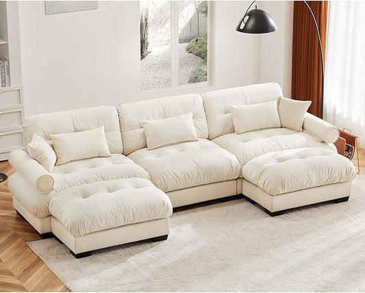 KEIKI 130" U-Shaped Oversized Velvet Modular Sectional Sofa with 2 Ottoman, High-Density Foam Cushions and Bolstered Armrests, Upholstered 3-Seater Cloud Couch with 5 Pillow, for Living Room, Cream