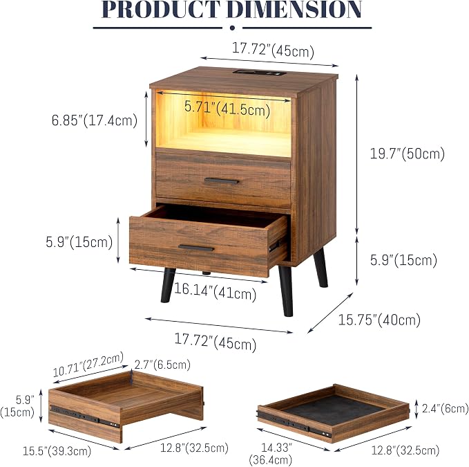LVSOMT Nightstands Set of 2, Nightstand with Charging Station and USB Ports, Rustic Brown Bedside Table with Open Shelf, Mid Century Modern Nightstand with 2 Drawers, Night Stands for Bedroom - Image 2