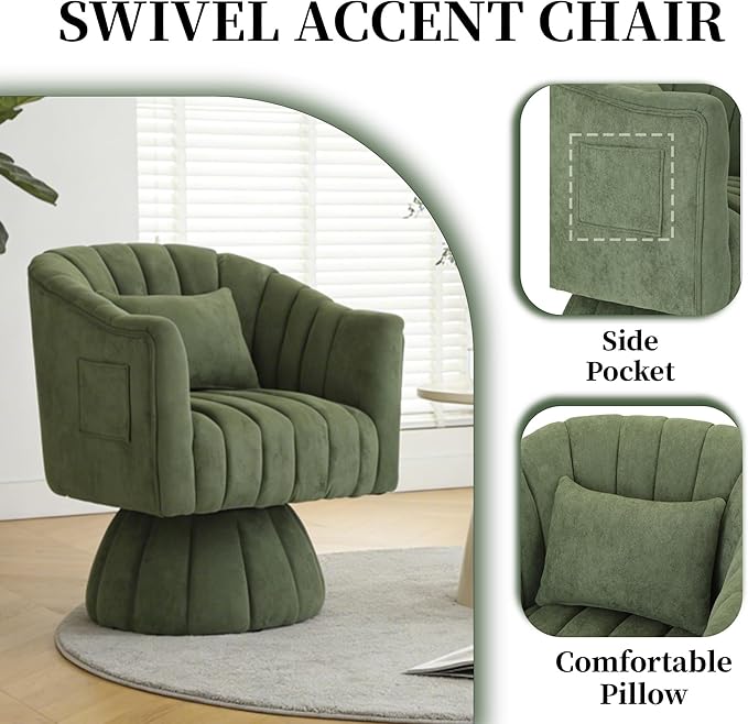 ClinQ Swivel Barrel Chair with Pillow & Side Pocket, 360° Cloud Velvet Round Swivel Accent Chair, Upholstered Cuddle Reading Lounge Chair for the Living Room, Bedroom, Office, Green-Vertical Stripes