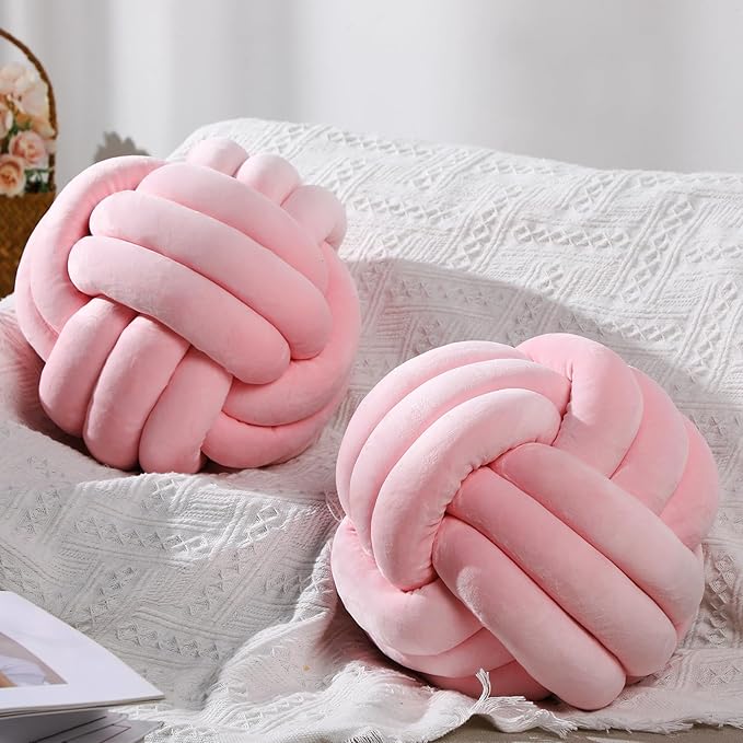 Namalu 2 Pcs Soft Knot Pillow Ball, Decorative Round Throw, Soft Knotted Plush Pillows, Handmade Stuffed Ball Pillows Cushion for Bedroom Sofa Couch Home Decor(10.6 Inches,Light Pink)