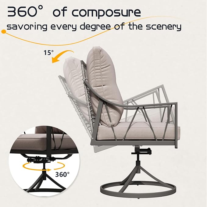 EROMMY 5-Piece Outdoor Patio Dining Set, 4 Wicker Swivel Rocking Chairs with 4" Cushions, 42" Round Table with Adjustable Umbrella Hole for Yard, Backyard, Black - Image 6