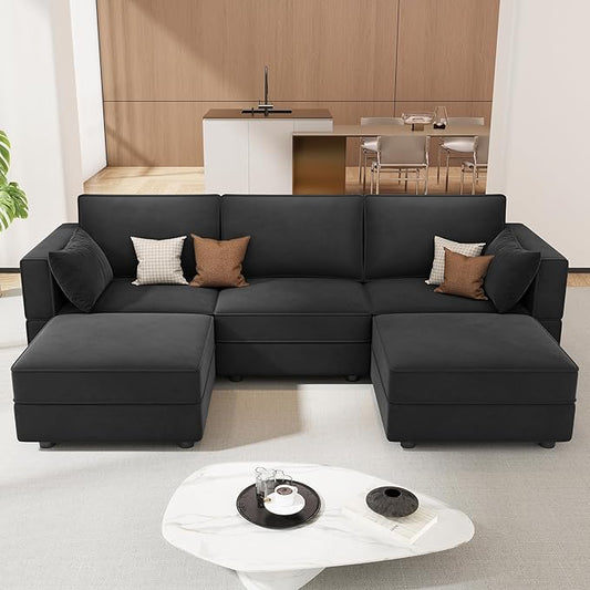 Vesgantti Modular Sectional Sofa with Chaise, Velvet 5 Seat Deep Sofa with Storage, Memory Foam U Shaped Convertible Lounge Couches with 2 Ottoman for Living Room, 3"/5" Height Adjustable Legs, Black