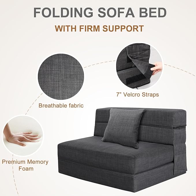 Fold Sofa Bed Couch Twin Size with Pillow Memory Foam Convertible Sleeper Chair Bed Futon Lazy for Living Room/Home Office/Guest Beds/Apartment/Upstairs Loft, Dark Gray