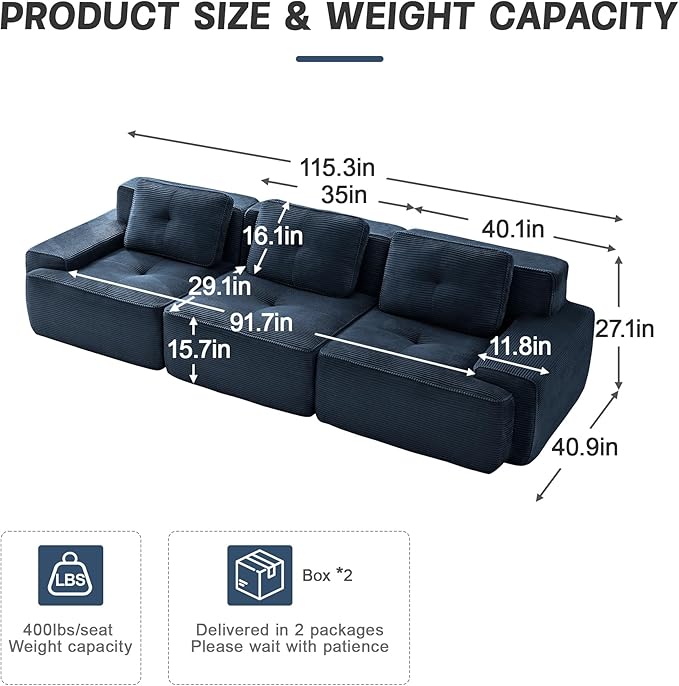 Casaphoria 115'' Blue Corduroy Sofa, Boneless Sectional Couch with 3 Pillows for Modern Living Room, Deep Seat Sofa No Assembly Modular Cloud Couch