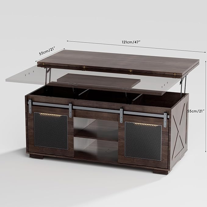 Upgraded Coffee Table with Lifting Top And Sliding Doors, Thick Panels, Industrial Metal Mesh Sides, Dual LED Accent Lights, Large Storage Center farmhouse square Table for Living Room, Dusk Walnut