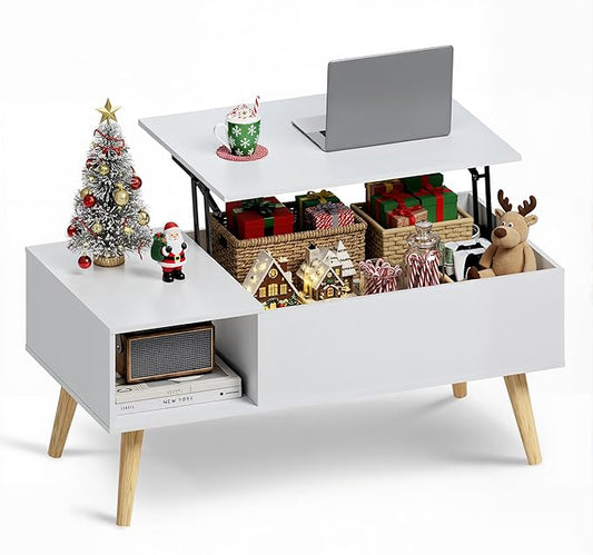 WLIVE Coffee Table for Living Room, Lift Top Coffee Table with Storage, Small Rising Wooden Dining Center Table with Storage Shelf & Hidden Compartment, 39" White