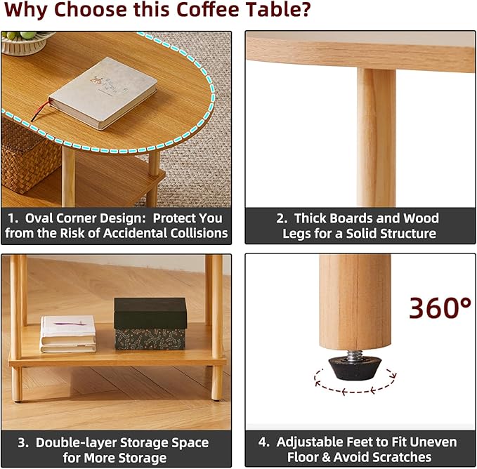 Wooden Tea Table Small Coffee Table, 2 Tier Coffee Table for Living Room, 35x16x17inch Tea Table Stand with Storage Shelf Natural Wood Color YD-012N