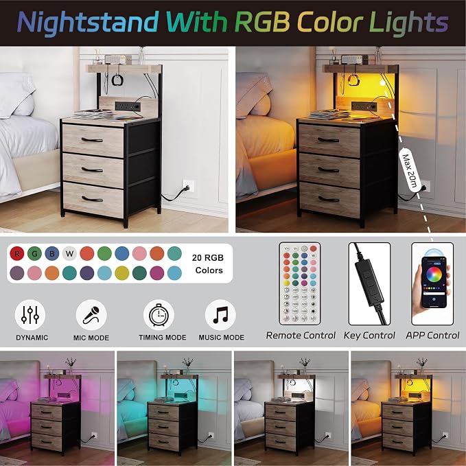 SZLHANJZ Nightstand Set of 2, Large Night Stand with LED Lights and Charging Station, 39-Inch Tall Bed Side Tables with Shelves, 3 Fabric Drawers Bedside Table for Bedroom, Greige - Image 5