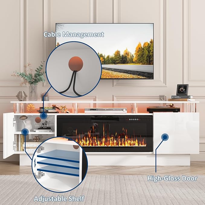 PUKAMI 70" Fireplace TV Stand with 36" Electric Fireplace, LED Light Entertainment Center with Storage, 2 Tier Modern Wood Media TV Console with Highlight Cabinet for Living Room, White - Image 4