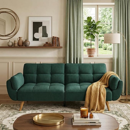 Convertible Futon Sofa Bed, Modern Futon Couch with 2 Pillows, Small Futons Couch with Adjustable Armrest & Backrest, Loveseat Sofa Bed for Living Room, Bedroom, Green
