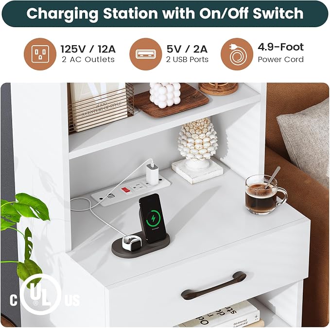 AOGLLATI Tall Nightstand Set of 2 with Charging Station and LED Lights, Night Stand with 3 Drawers and Bookshelf, White Modern Bedside Table with Storage Shelves for Bedroom - Image 5