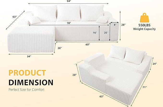 Homguava 94" Cloud Sectional Couch, Modular L-Shape Couch with Chaise, Boneless Sofa with Deep Seat for Living Room Bedroom,No Assembly Required(Beige,Left Facing Chaise)