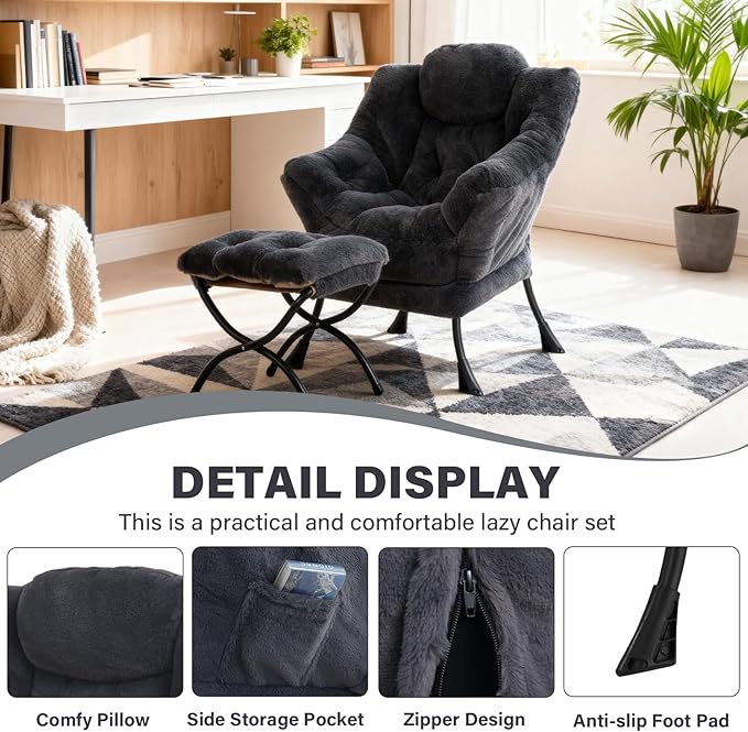 Lazy Chair with Ottoman, Modern Accent Chair Lounge Leisure Sofa Chair with Armrests, Reading Chair and Folding Footstool for Living Room, Bedroom, Office, Plush Navy