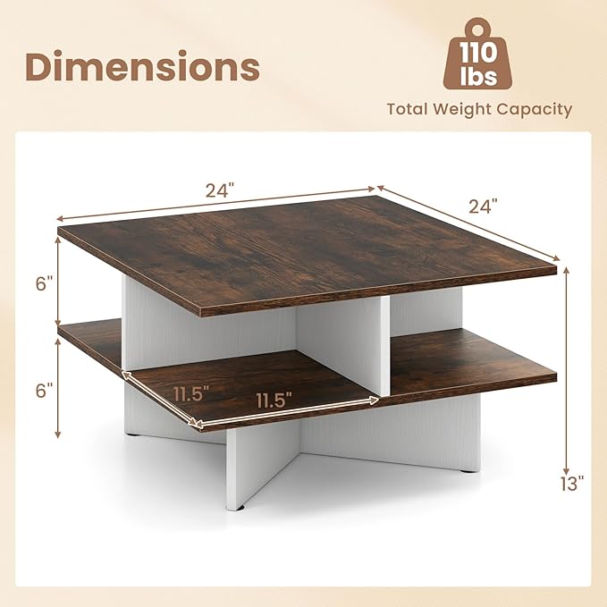 Giantex Square Coffee Table, Mid Century Modern Center Table with 4 Storage Compartments & Cross-Shape Base, 24 Inch Farmhouse Coffee Tables for Living Room (Brown)