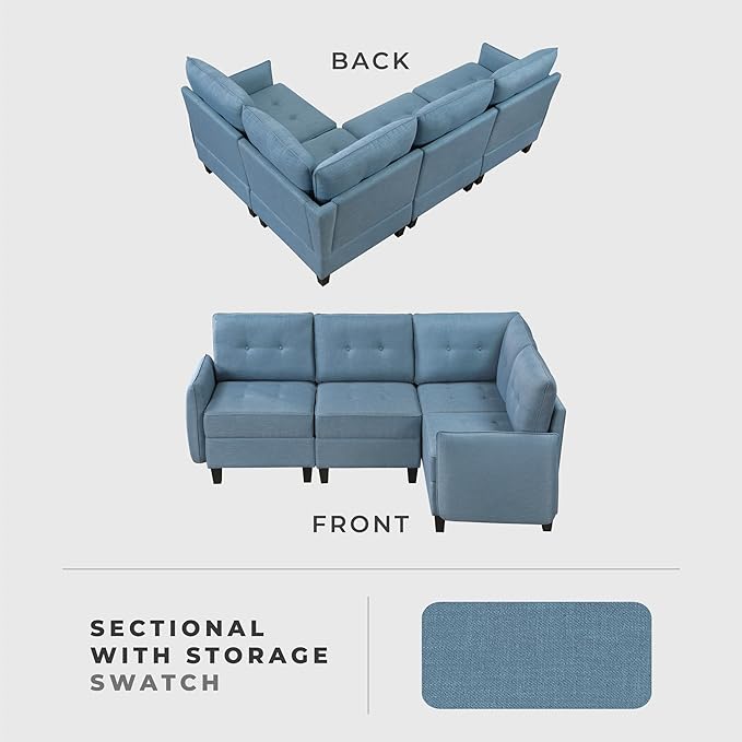 Lexicon L Shape Sectional Couch with Hidden Storage, Textured Fabric Modular Sectional Sofa with Button-Tufted Design, Reversible Back Cushion, 4 Seater Sofa, Blue