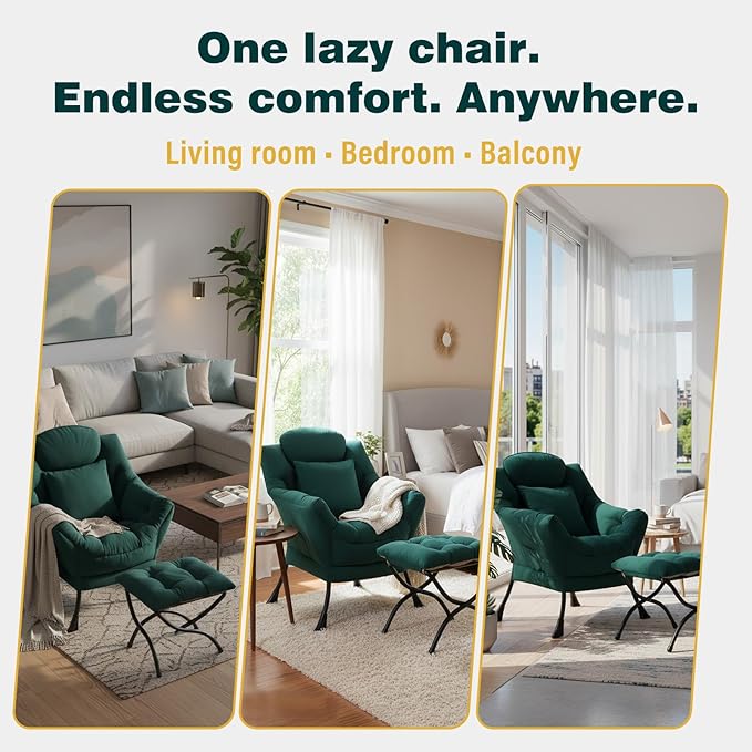Lazy Chair with Ottoman, Large Accent Chair with Ottoman and a Throw Pillow, Dark Green Reading Chair for Living Room Bedroom Dorm Room Office Apartment Relaxing Use