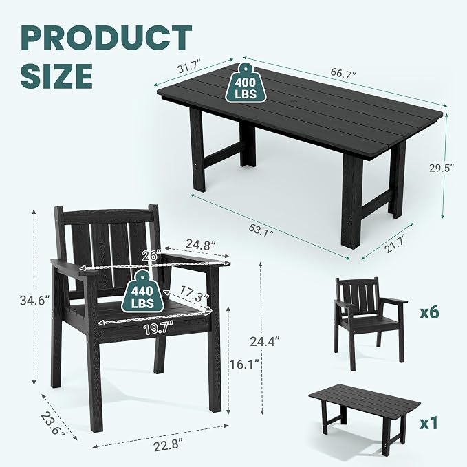 Pamapic 7 PCS Outdoor Dining Set, Spacious HDPE Outdoor Table and Chairs, Wood Grain Patio Furniture Sets with Elegant Armrest, All-Weather Patio Dining Table with Umbrella Hole, Black - Image 4