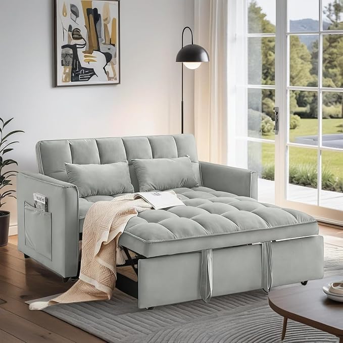 Convertible Sofa Bed, Love Seat Sleeper Bed with Side Pockets, 3 in 1 Velvet Fabric Pull Out Couch with Adjustable Backrest for Living Room, Bedroom, Apartment, Light Gray