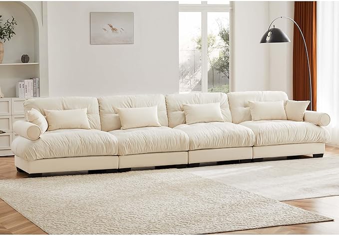 KEIKI 166" Oversized Velvet Modular Sectional Sofa with High-Density Foam Cushion and Bolstered Armrests, Upholstered Modern Style 4-Seater Cloud Couch with 6 Pillow, for Apartment, Living Room, Cream