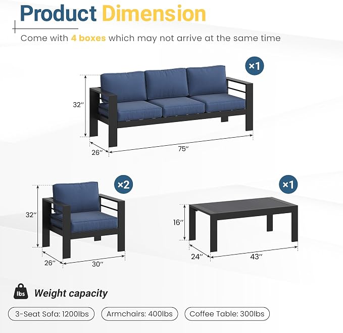 Solaste Aluminum Outdoor Patio Furniture Set, 5 Seats Patio Sectional Sofa with 5" Thick Cushion, Outdoor Patio Set with Coffee Table for Porch, Backyard, Deck, Yard, Blue - Image 2