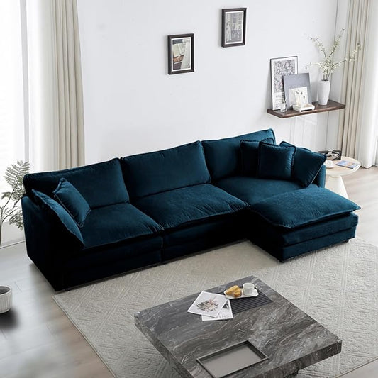 KEIKI Combination Sofa, Upholstered 3 Seater Couch, Oversized L Shaped Sectional Sofa with Reversible Ottoman for Living Room Bedroom Office, Blue