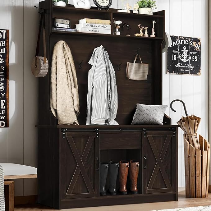 4ever2buy Farmhouse Hall Tree with Bench 5-in-1 Entryway Bench with Coat Rack with Sliding Barn Doors Entryway Coat Rack with Shoe Storage Dark Oak by 4ever2buy