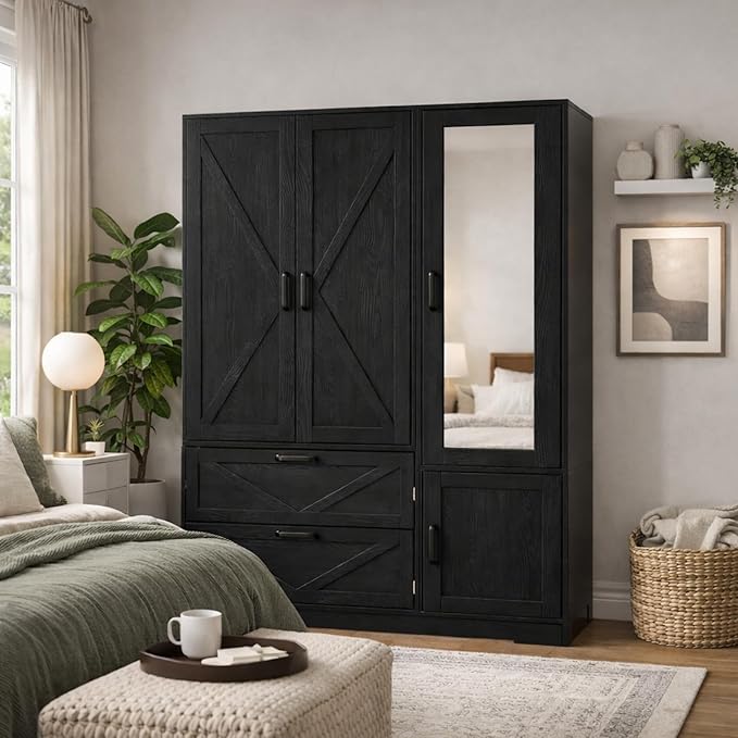 Black 3 Door Wardrobe Closet with Mirror, Bedroom Armoire Wardrobe Closet with Lights, 2 Drawers, Hanging Rod and Cabinet, Large Clothes Storage Organizer, 47.2 x 19.68 x 71.65 in