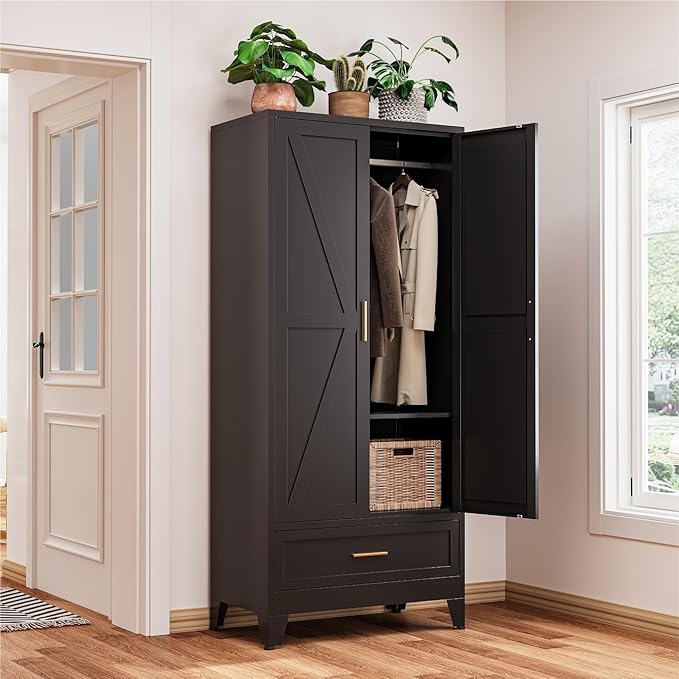 71" Tall Metal Armoire Wardrobe Closet,17.7" Deep By 31.5" Wide Portable Closet for Hanging Clothes,Wardrobe Cabinet with Drawer and Shelve for Bedroom Office Garage,Black 1 Pack